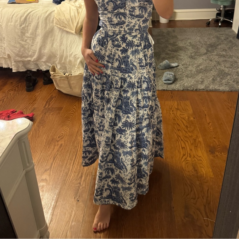 STAUD Blue and White Toile Maxi Skirt